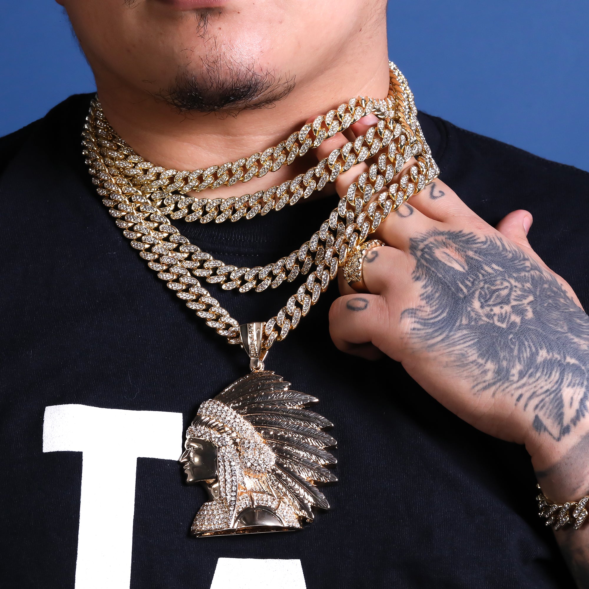 Native American Indian Chief Head Necklace for Men – Gold Plated Cuban Chain