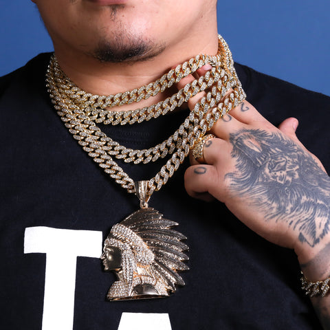 Native American Indian Chief Head Necklace for Men – Gold Plated Cuban Chain