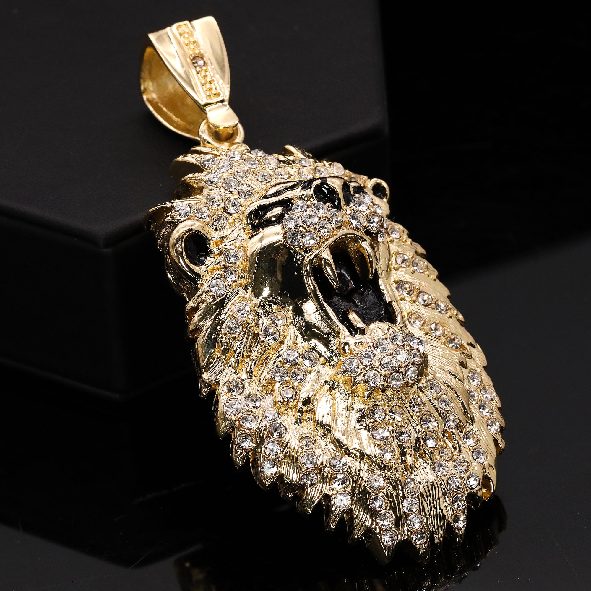 Hip Hop Fully Iced Large Gold Plated Roaring Lion Pendant Cuban Chain 18 - 24"