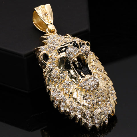 Hip Hop Fully Iced Large Gold Plated Roaring Lion Pendant Cuban Chain 18 - 24"