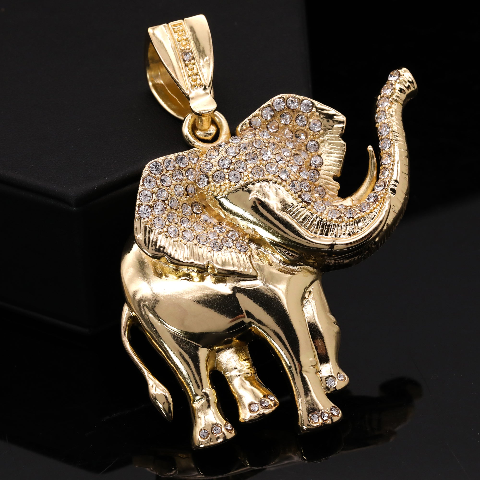 Hip Hop Fully Iced Large Gold Plated Elephant Pendant Cuban Chain 18 - 24"