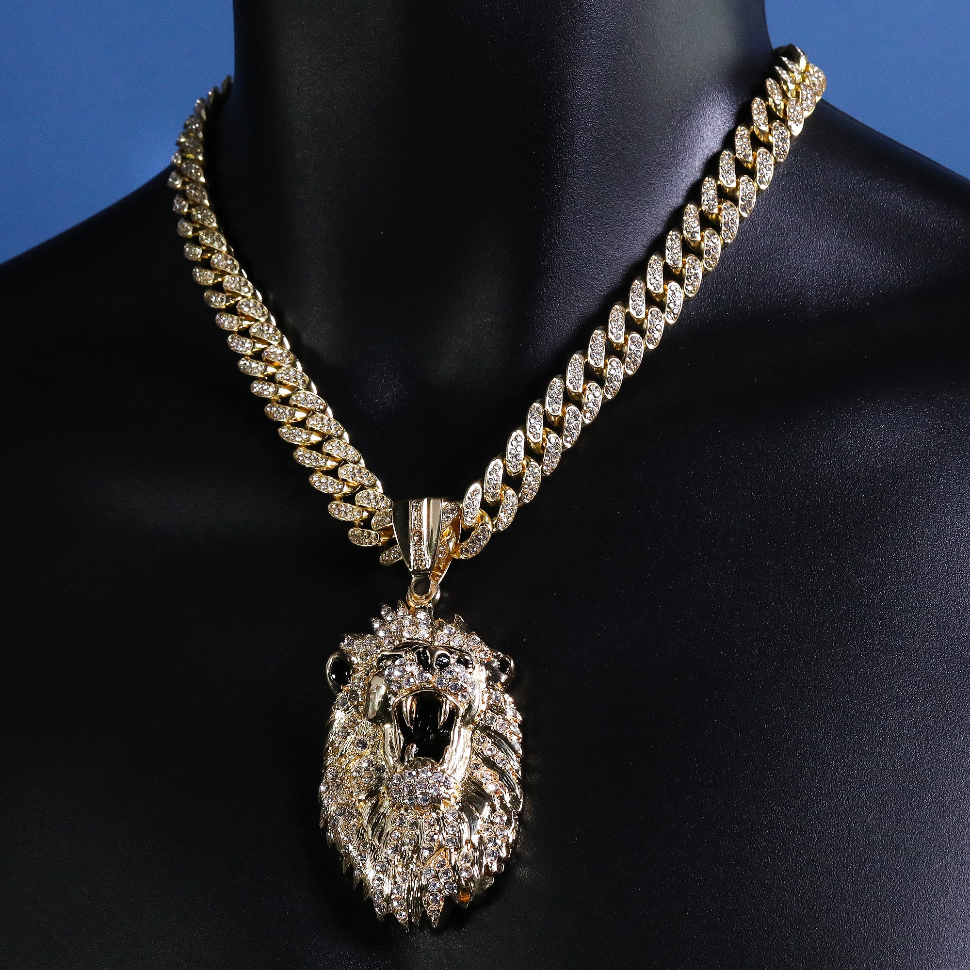 Hip Hop Fully Iced Large Gold Plated Roaring Lion Pendant Cuban Chain 18 - 24"