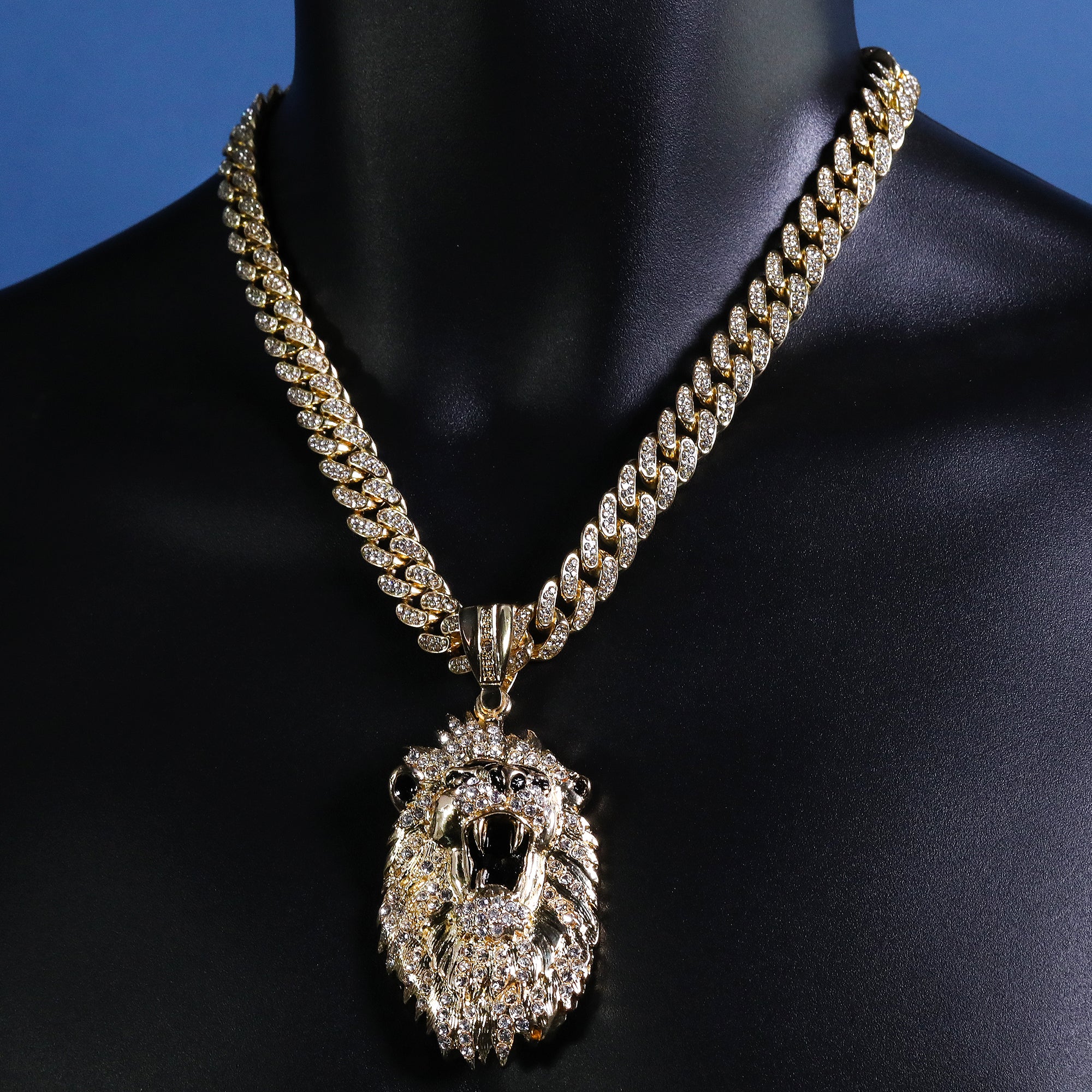 Hip Hop Fully Iced Large Gold Plated Roaring Lion Pendant Cuban Chain 18 - 24"
