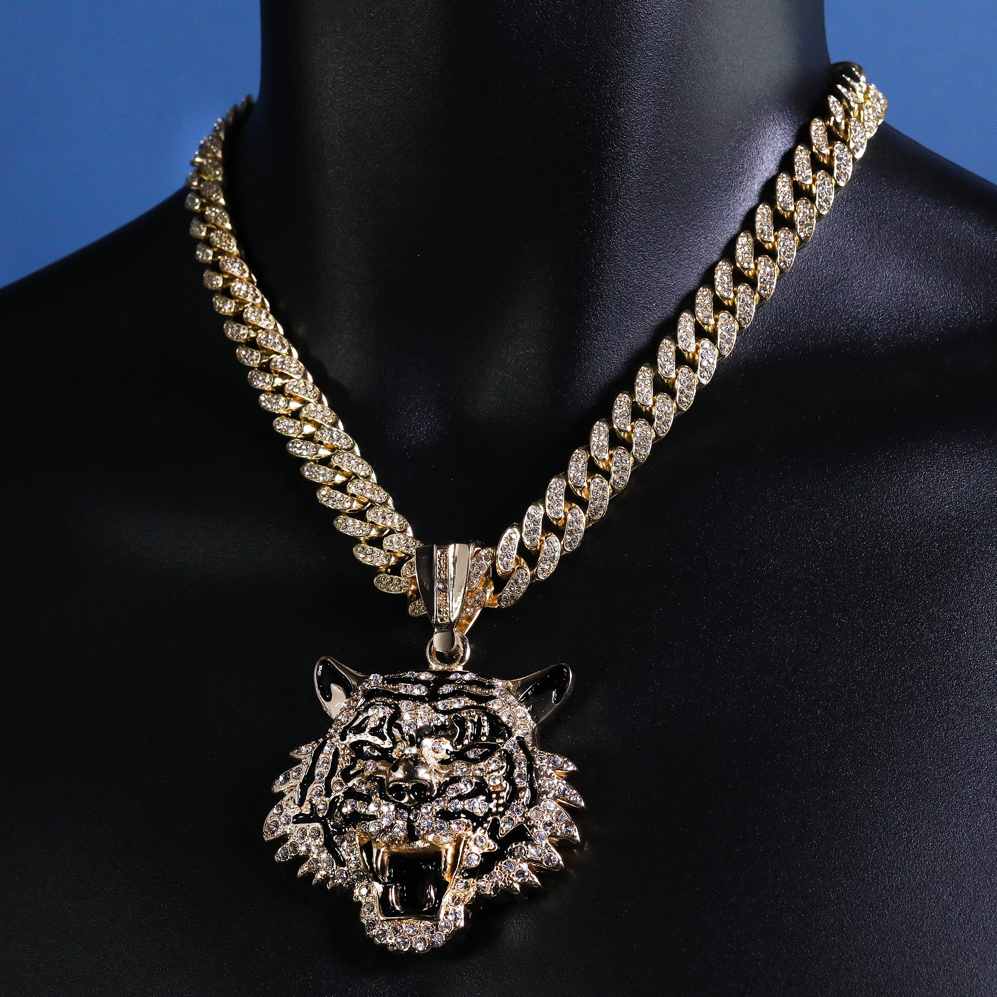 Hip Hop Fully Iced Large Gold Plated Tiger Face Pendant Cuban Chain 18 - 24"
