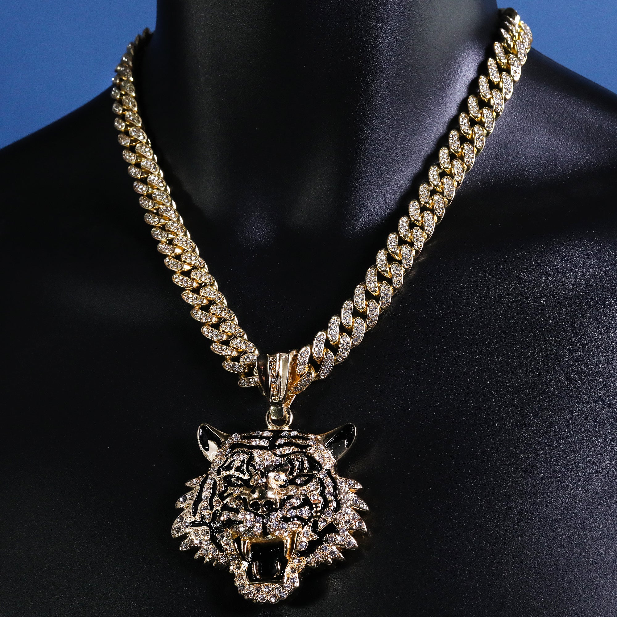 Hip Hop Fully Iced Large Gold Plated Tiger Face Pendant Cuban Chain 18 - 24"