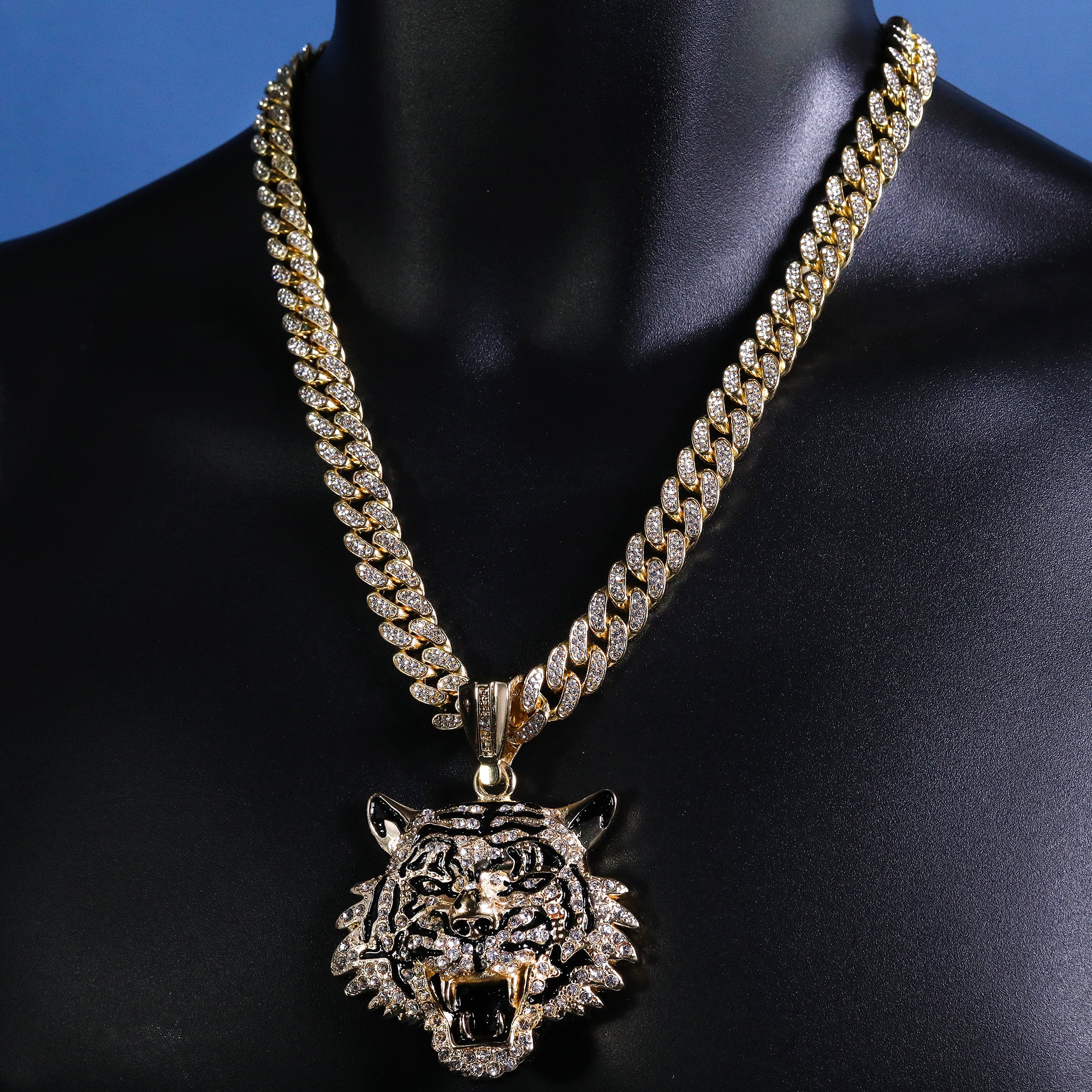 Hip Hop Fully Iced Large Gold Plated Tiger Face Pendant Cuban Chain 18 - 24"