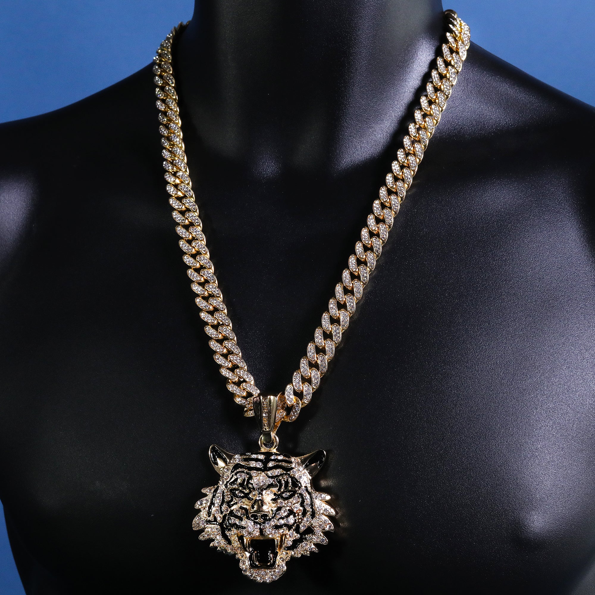 Hip Hop Fully Iced Large Gold Plated Tiger Face Pendant Cuban Chain 18 - 24"