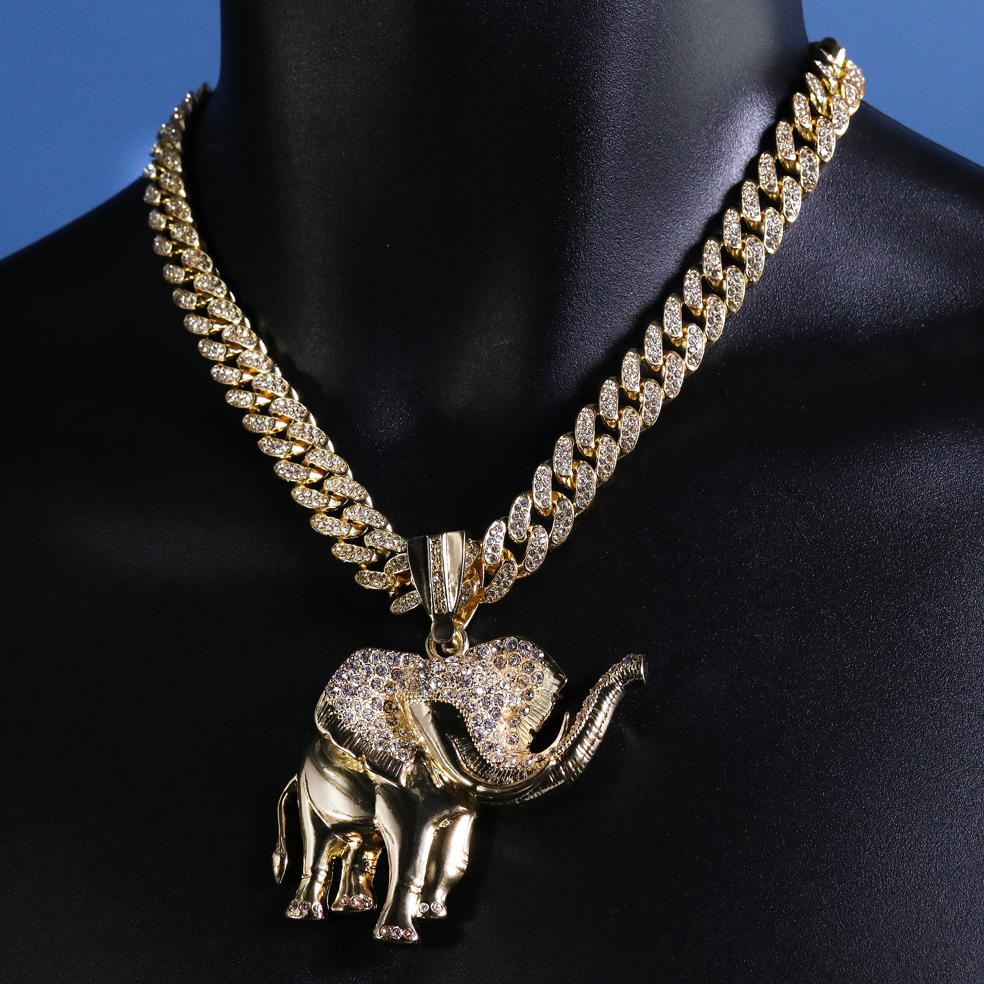 Hip Hop Fully Iced Large Gold Plated Elephant Pendant Cuban Chain 18 - 24"