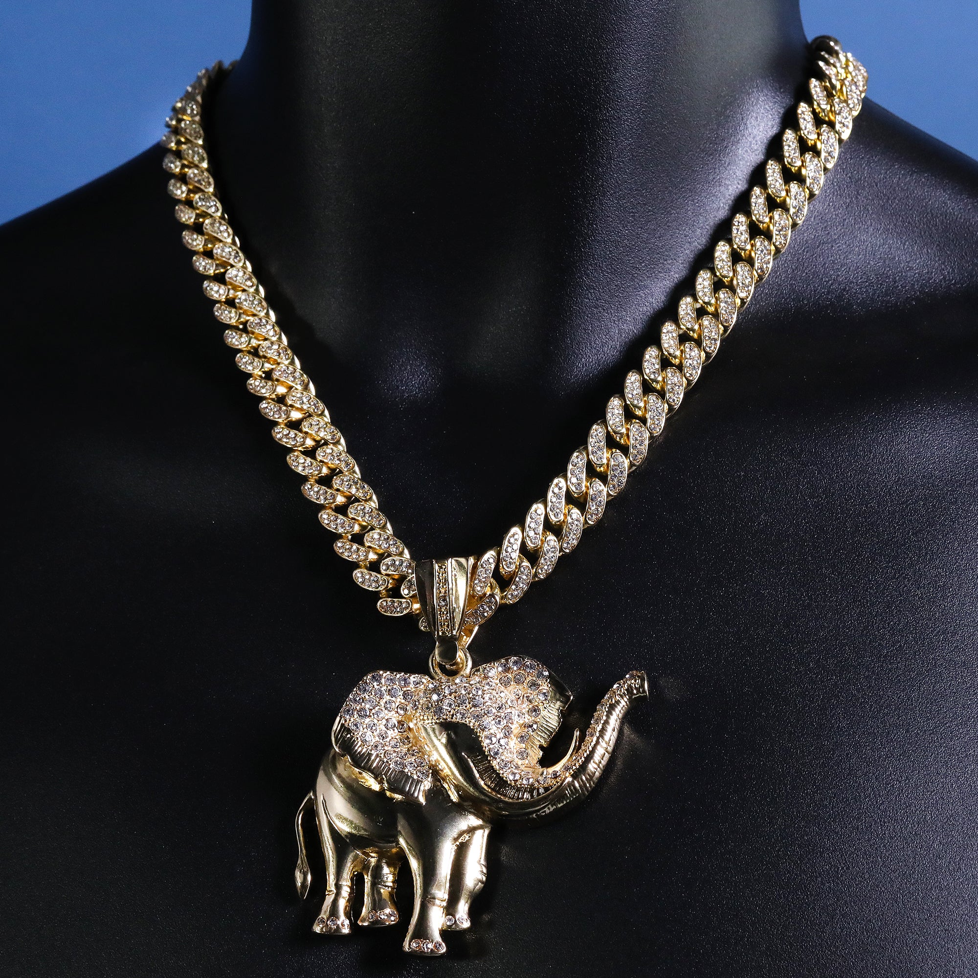 Hip Hop Fully Iced Large Gold Plated Elephant Pendant Cuban Chain 18 - 24"