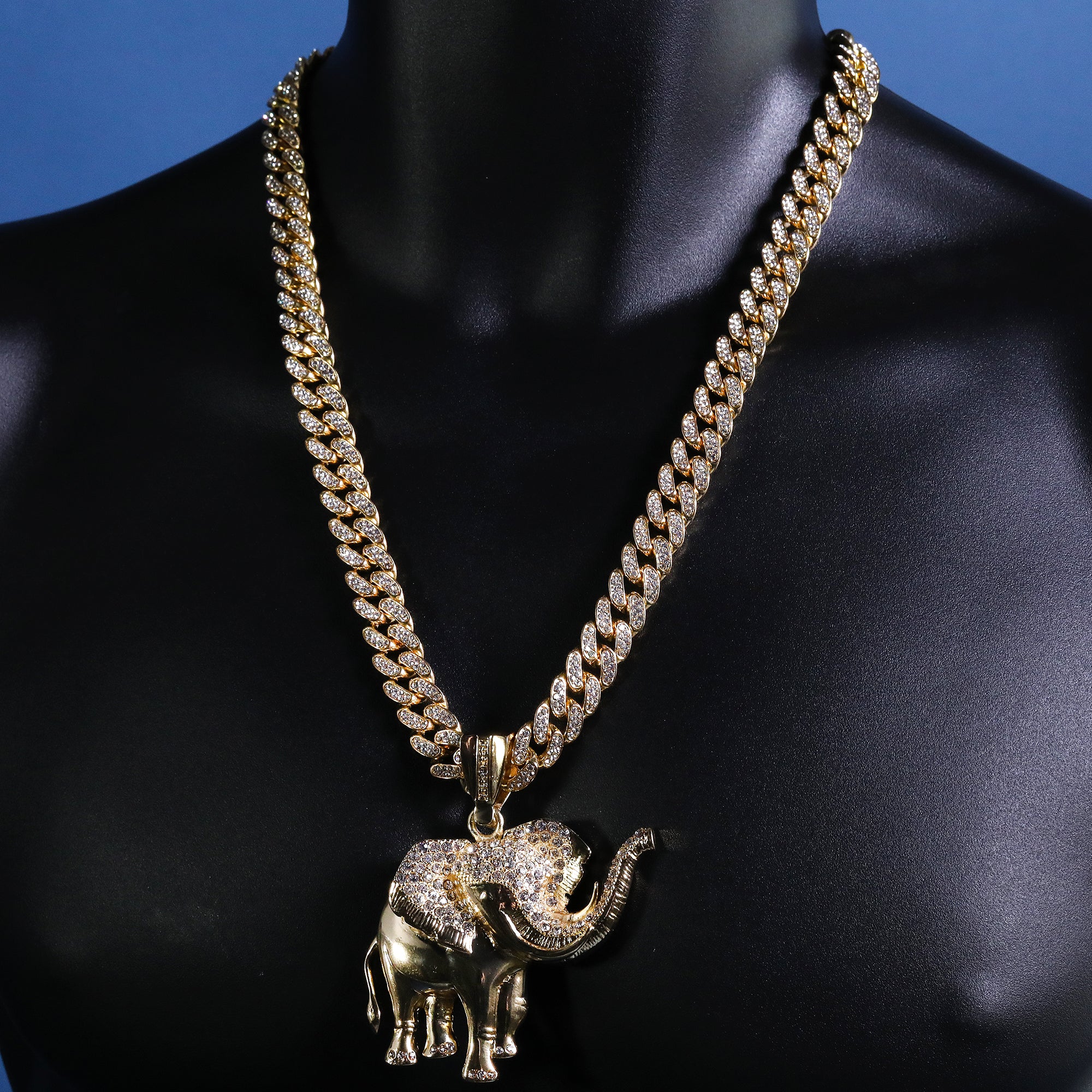 Hip Hop Fully Iced Large Gold Plated Elephant Pendant Cuban Chain 18 - 24"