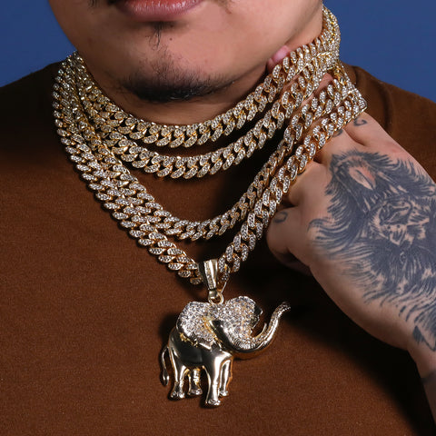 Hip Hop Fully Iced Large Gold Plated Elephant Pendant Cuban Chain 18 - 24"