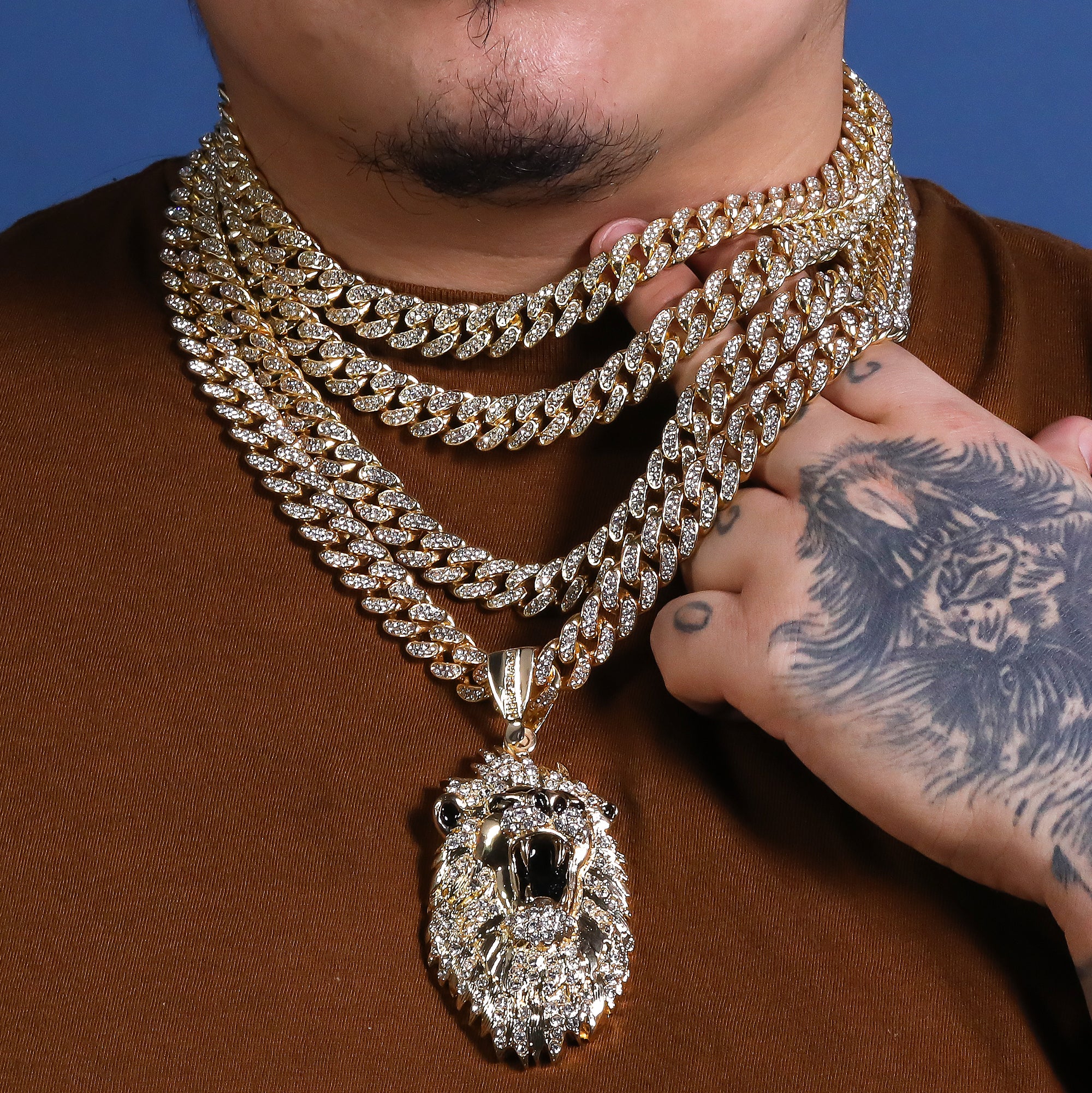 Hip Hop Fully Iced Large Gold Plated Roaring Lion Pendant Cuban Chain 18 - 24"