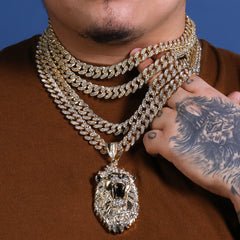 Hip Hop Fully Iced Large Gold Plated Roaring Lion Pendant Cuban Chain 18 - 24"