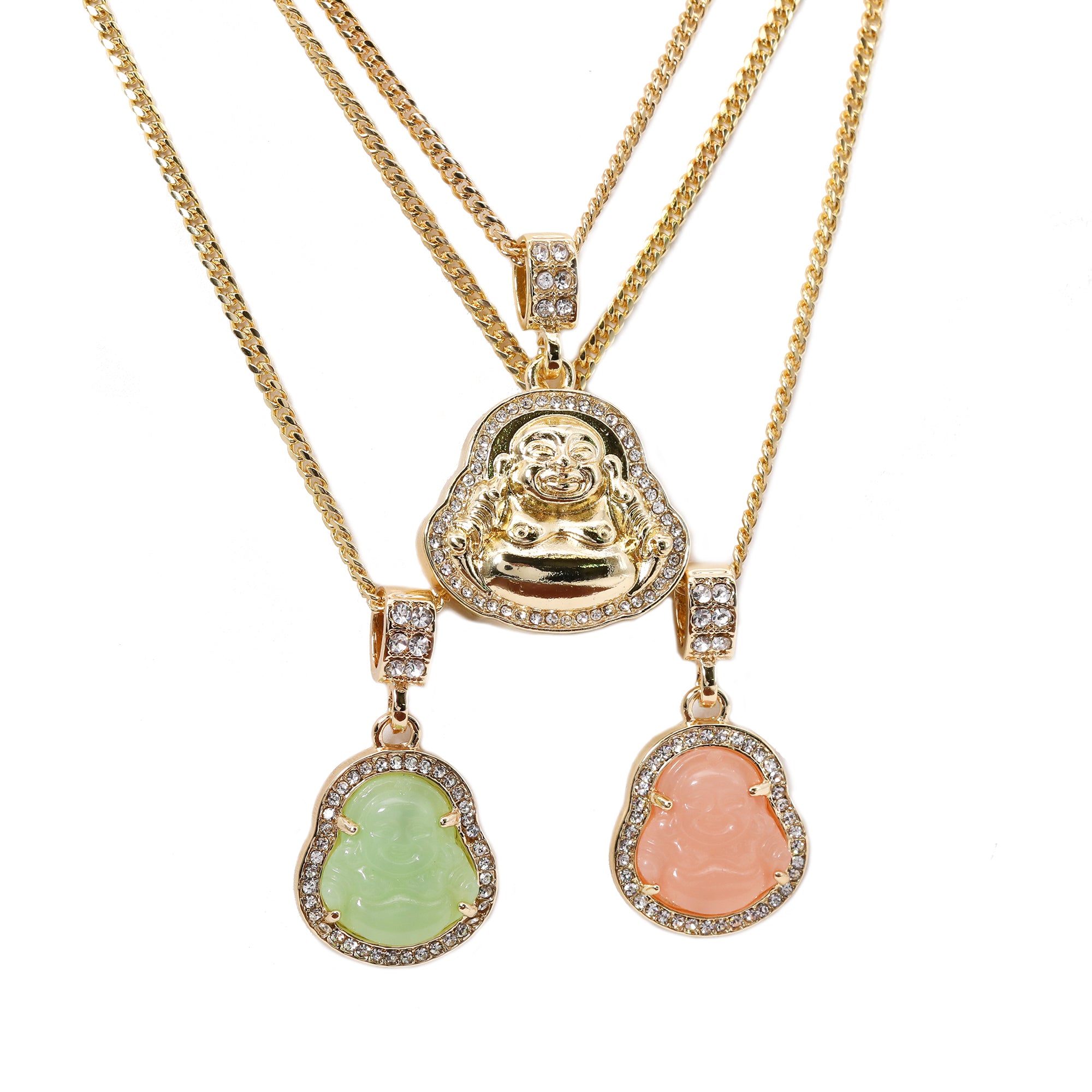 14k Gold Plated Light Pink, Light Green Buddha 3 Pendant Cubic-Zirconia 30 30 24 Cuban Chain