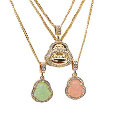 14k Gold Plated Light Pink, Light Green Buddha 3 Pendant Cubic-Zirconia 30 30 24 Cuban Chain