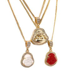 14k Gold Plated Red, White Buddha 3 Pendant Cubic-Zirconia 30 30 24 Cuban Chain