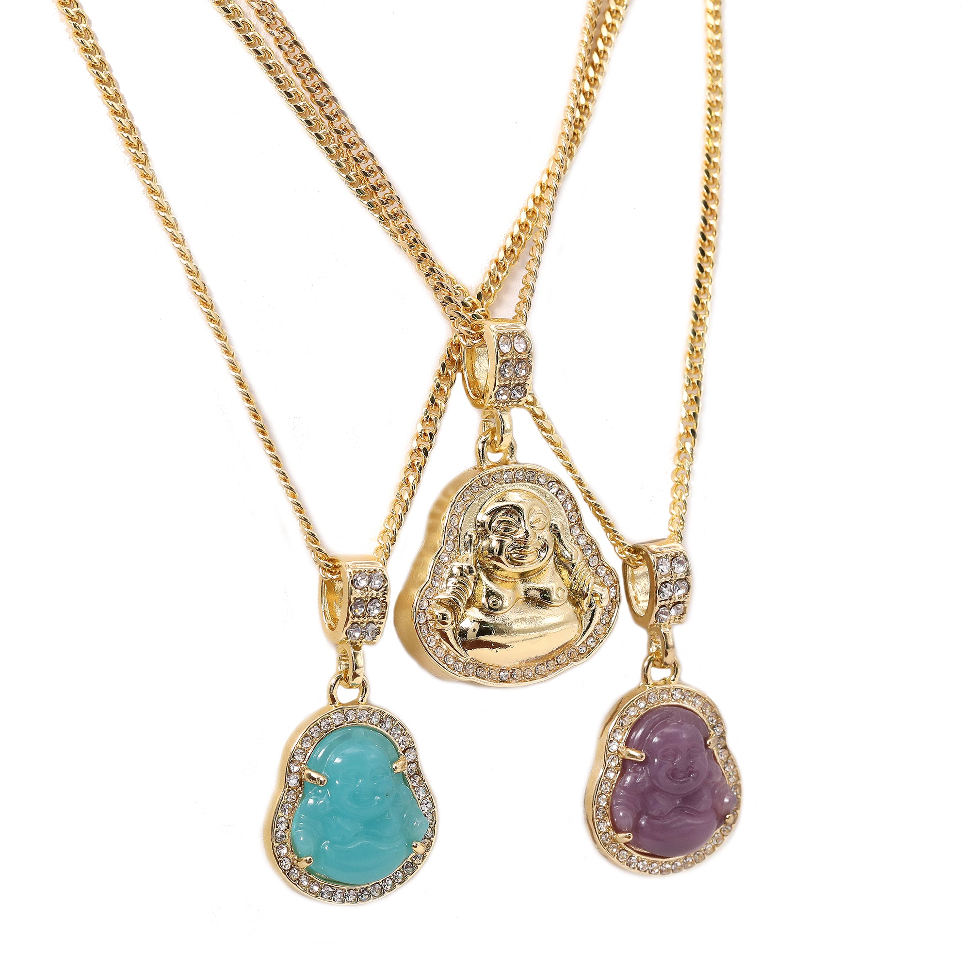 14k Gold Plated Light Blue, Light Purple Buddha 3 Pendant Cubic-Zirconia 30 30 24 Cuban Chain