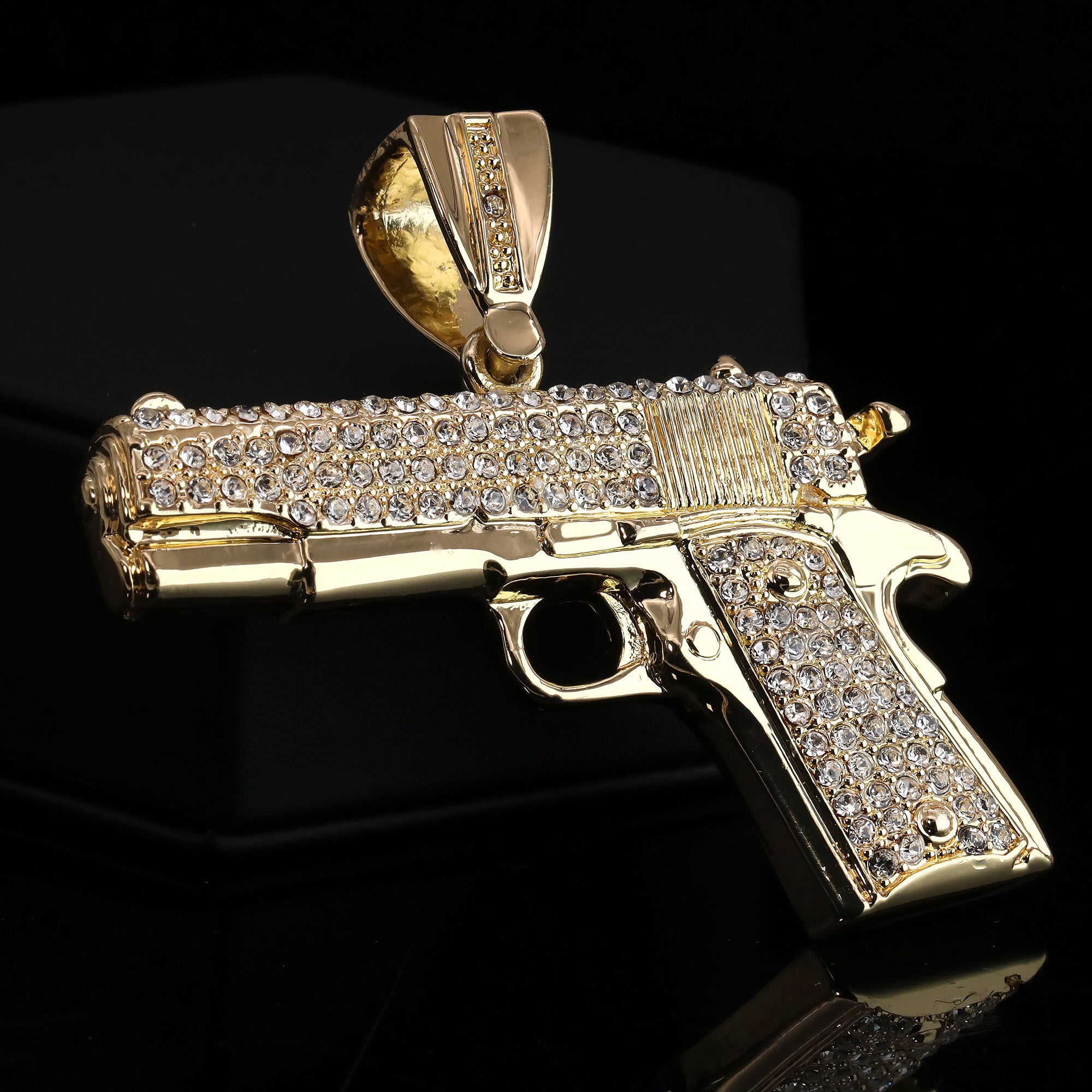 Hip Hop Fully Iced Large Gold Plated Hand Gun Pendant & Cuban Chain Necklace 18" -24"