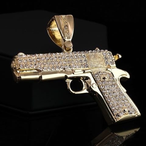 Hip Hop Fully Iced Large Gold Plated Hand Gun Pendant & Cuban Chain Necklace 18" -24"