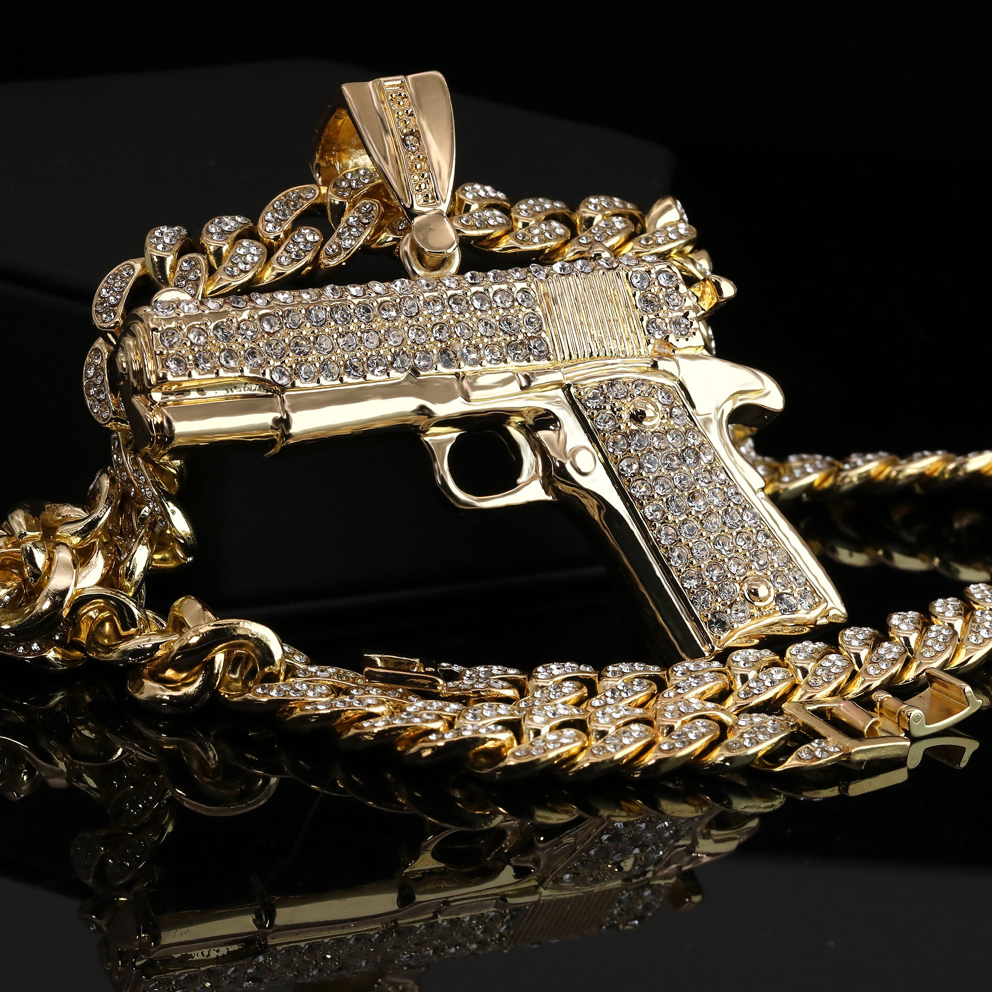 Hip Hop Fully Iced Large Gold Plated Hand Gun Pendant & Cuban Chain Necklace 18" -24"