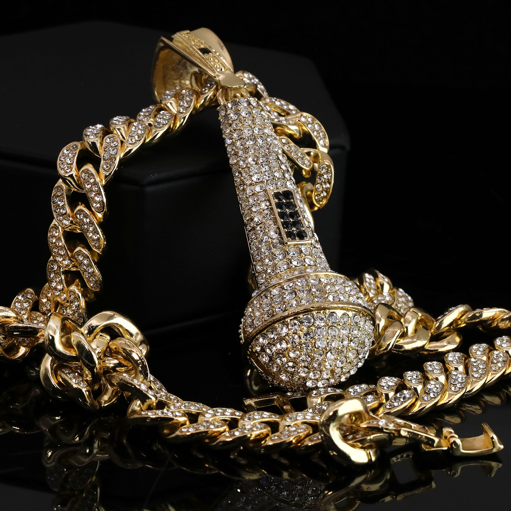 2pc Hip Hop Fully Iced Large Gold Plated MicroPhone Pendant Cuban 18" -24"