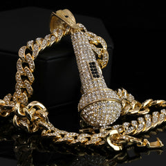 2pc Hip Hop Fully Iced Large Gold Plated MicroPhone Pendant Cuban 18" -24"