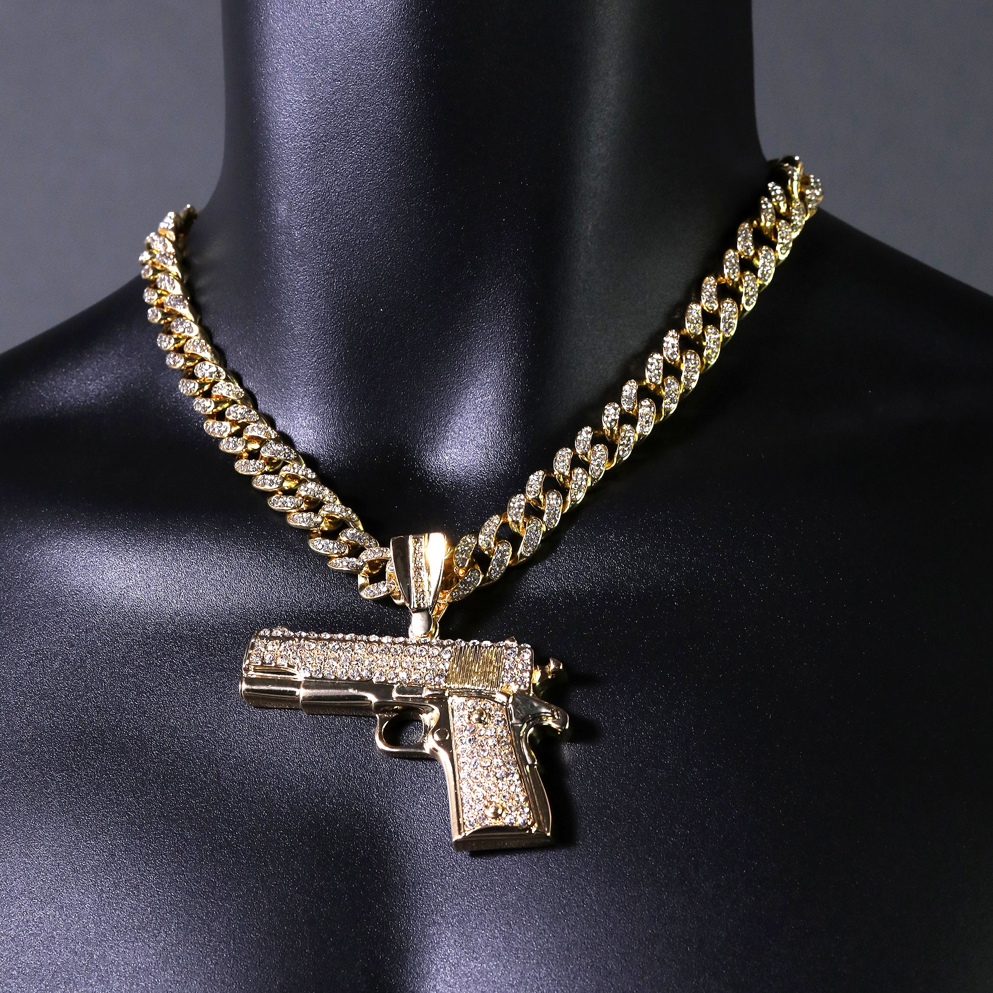 Hip Hop Fully Iced Large Gold Plated Hand Gun Pendant & Cuban Chain Necklace 18" -24"