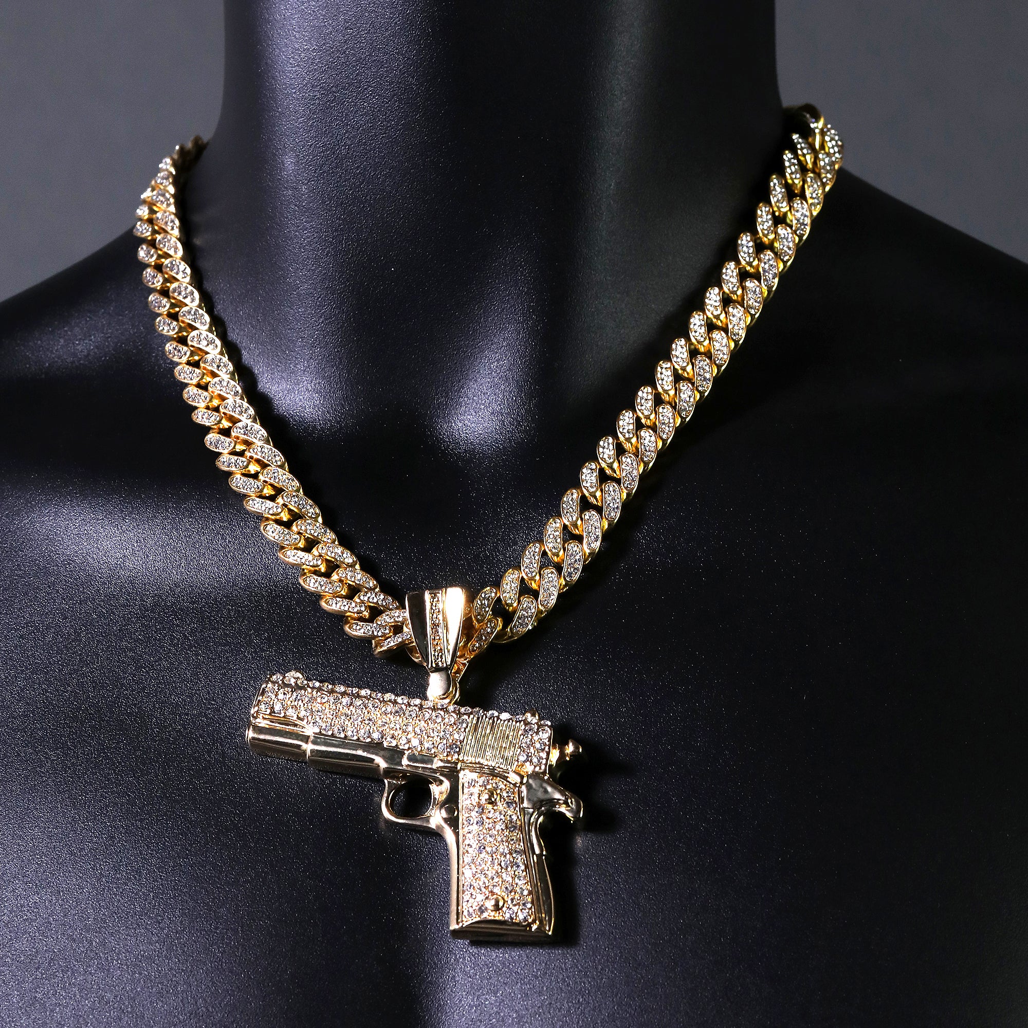 Hip Hop Fully Iced Large Gold Plated Hand Gun Pendant & Cuban Chain Necklace 18" -24"