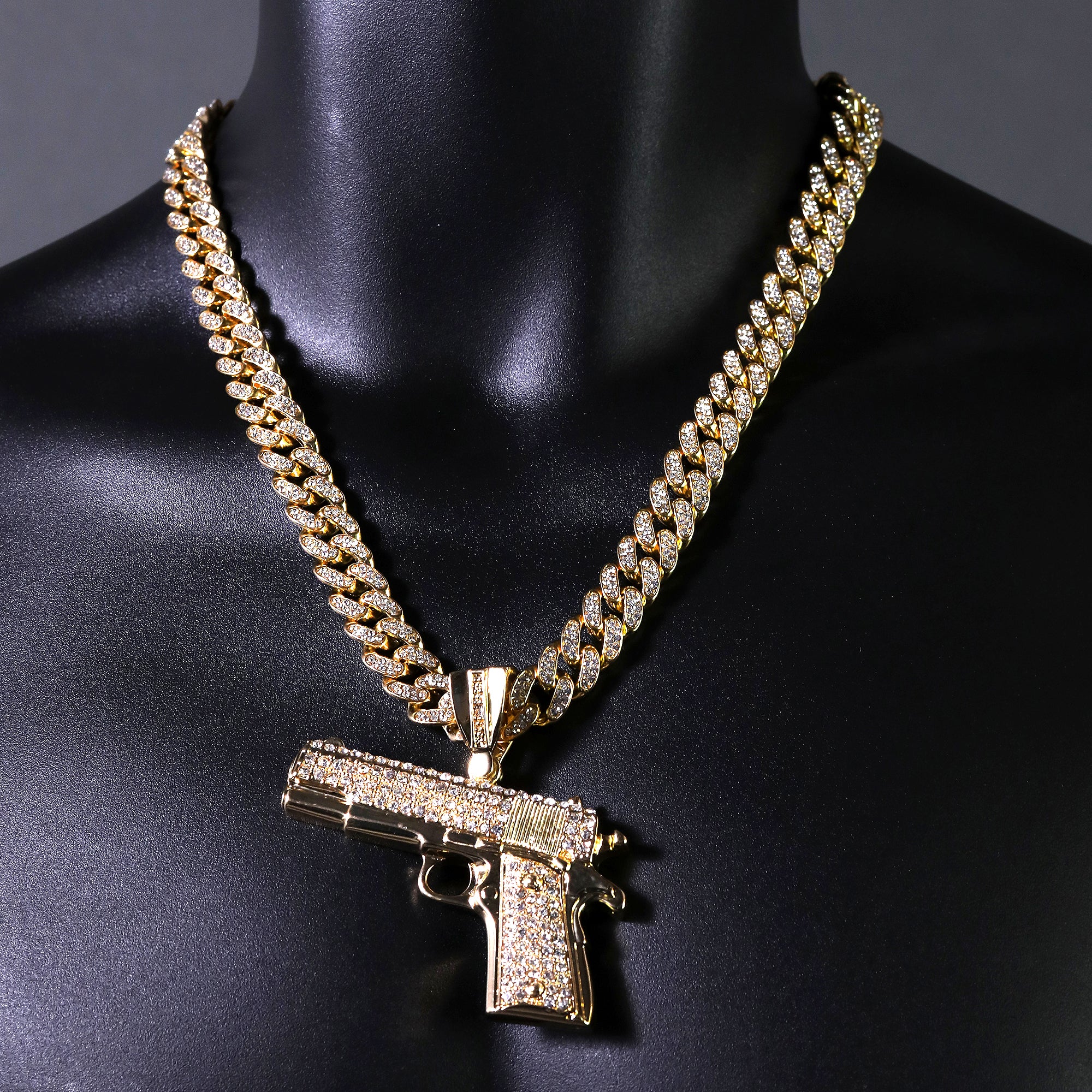Hip Hop Fully Iced Large Gold Plated Hand Gun Pendant & Cuban Chain Necklace 18" -24"