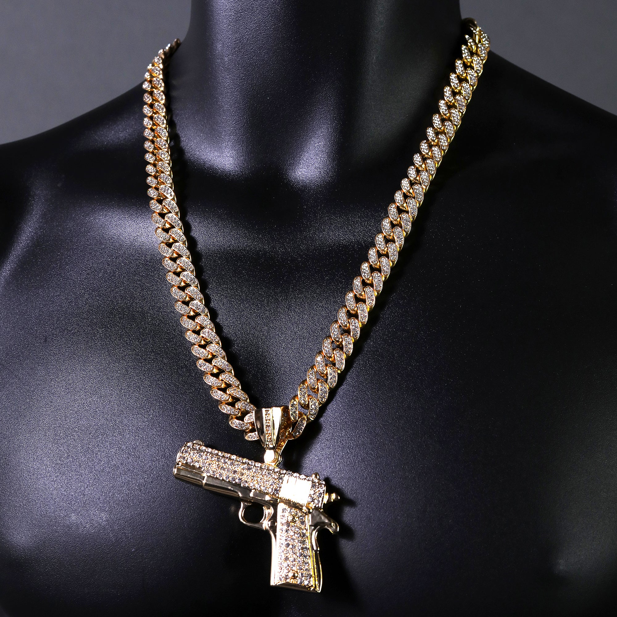 Hip Hop Fully Iced Large Gold Plated Hand Gun Pendant & Cuban Chain Necklace 18" -24"