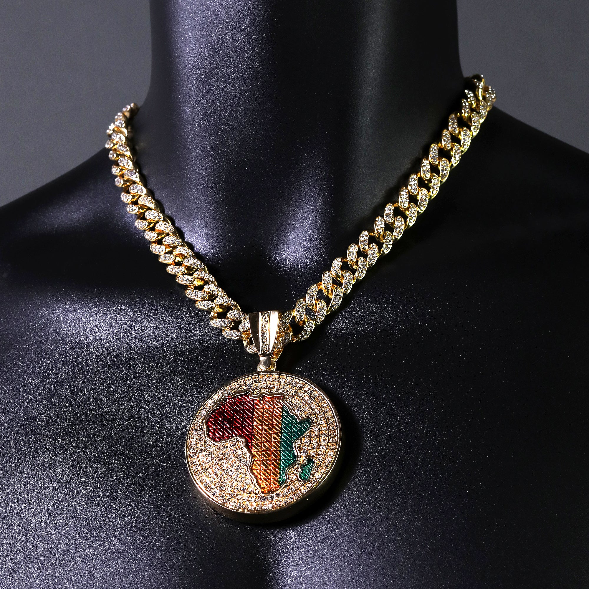 2pc Hip Hop Fully Iced Large Gold Plated Rasta Africa Pendant Cuban 18" -24"