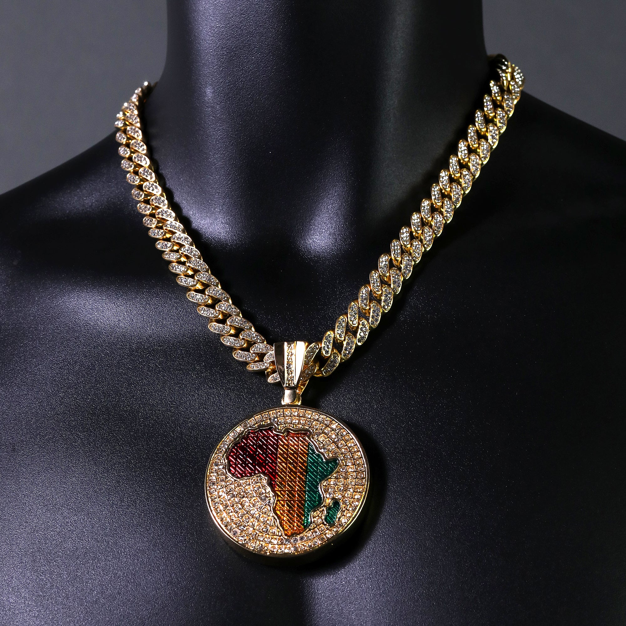 2pc Hip Hop Fully Iced Large Gold Plated Rasta Africa Pendant Cuban 18" -24"
