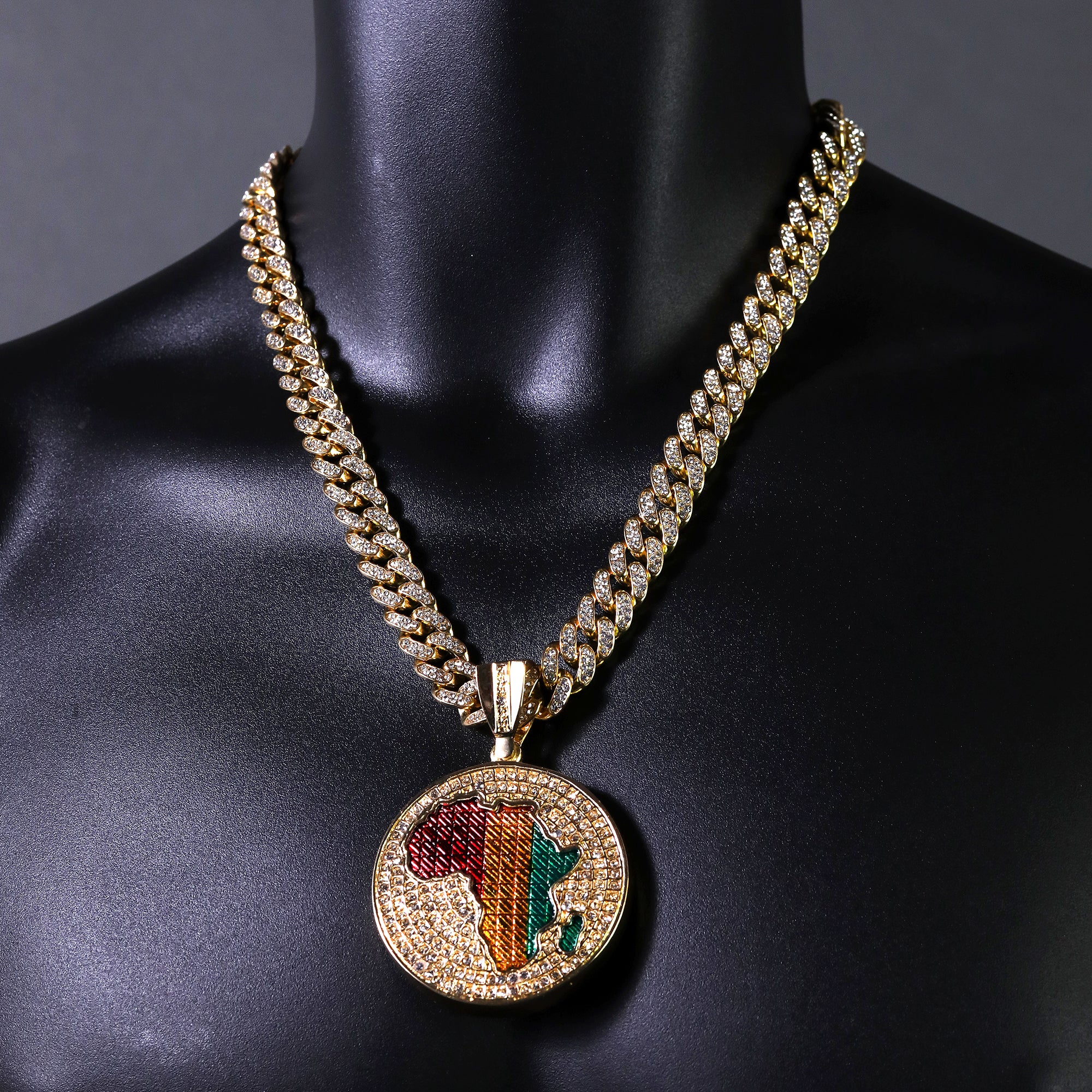 2pc Hip Hop Fully Iced Large Gold Plated Rasta Africa Pendant Cuban 18" -24"