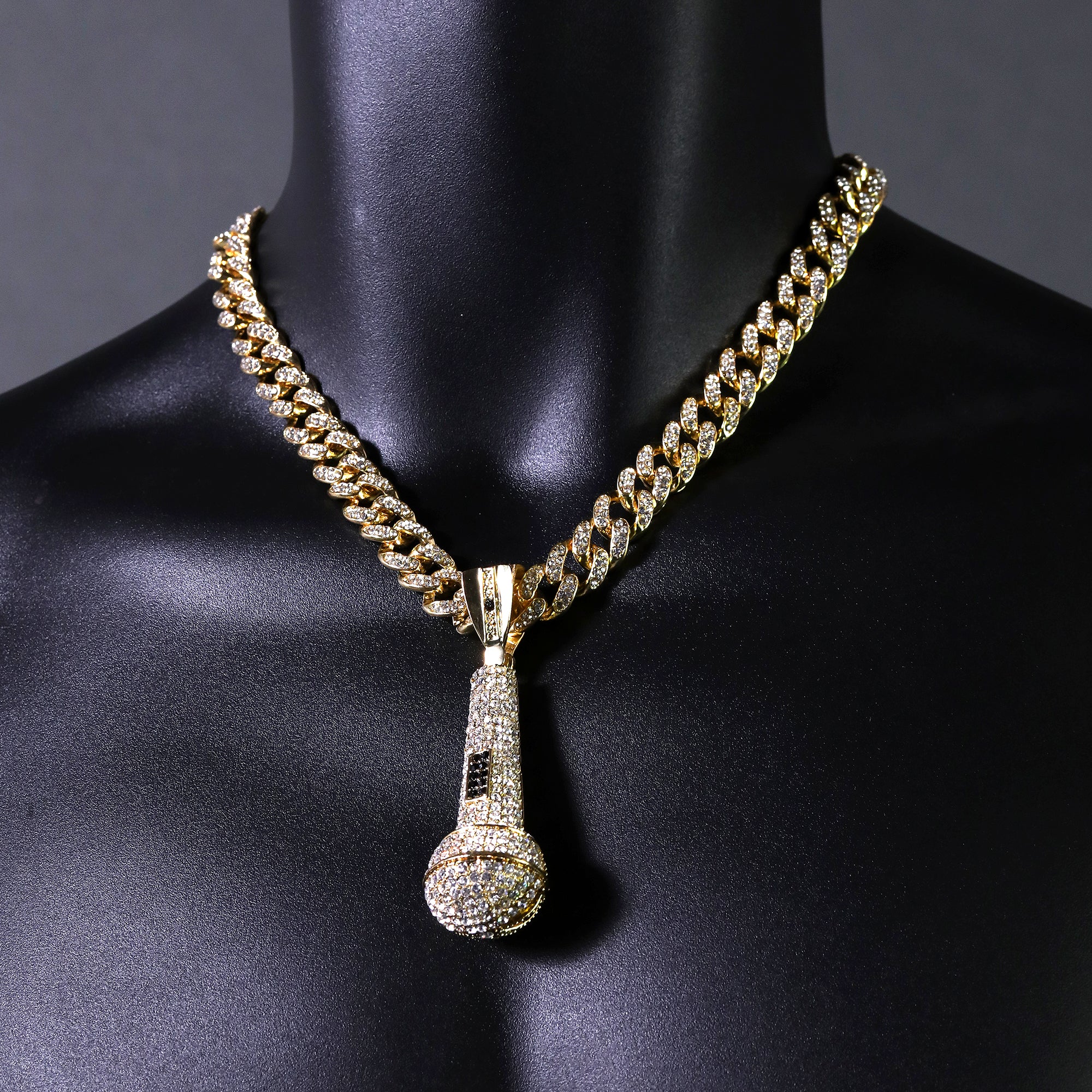 2pc Hip Hop Fully Iced Large Gold Plated MicroPhone Pendant Cuban 18" -24"