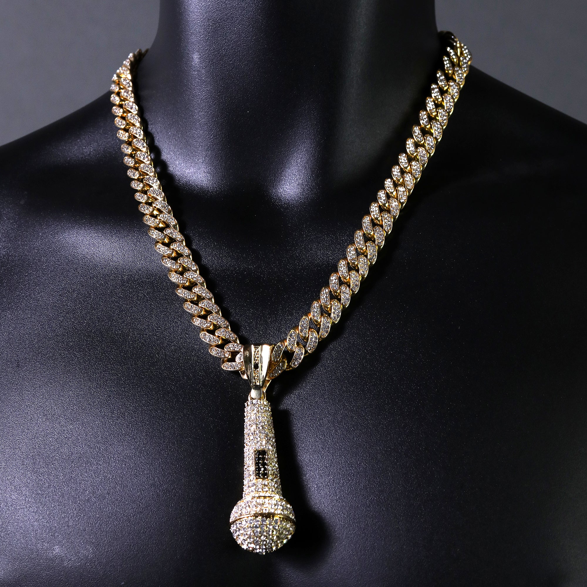 2pc Hip Hop Fully Iced Large Gold Plated MicroPhone Pendant Cuban 18" -24"