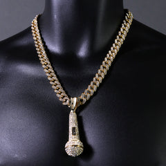 2pc Hip Hop Fully Iced Large Gold Plated MicroPhone Pendant Cuban 18" -24"