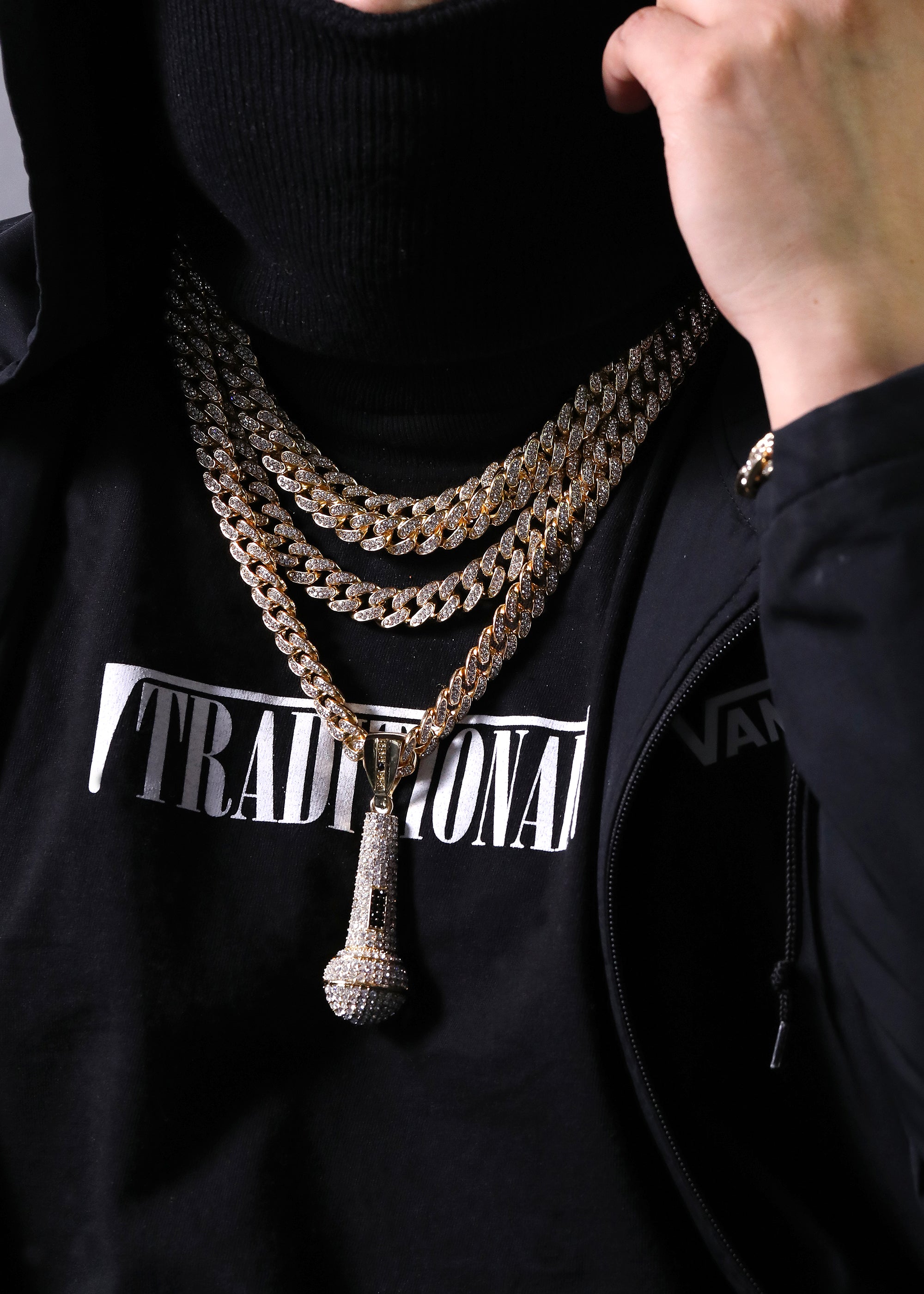 2pc Hip Hop Fully Iced Large Gold Plated MicroPhone Pendant Cuban 18" -24"