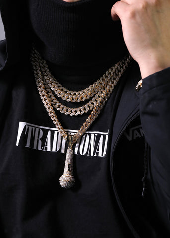2pc Hip Hop Fully Iced Large Gold Plated MicroPhone Pendant Cuban 18" -24"