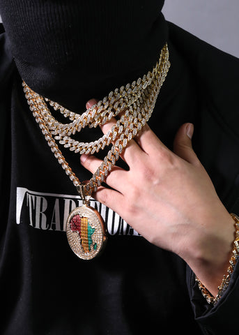 2pc Hip Hop Fully Iced Large Gold Plated Rasta Africa Pendant Cuban 18" -24"