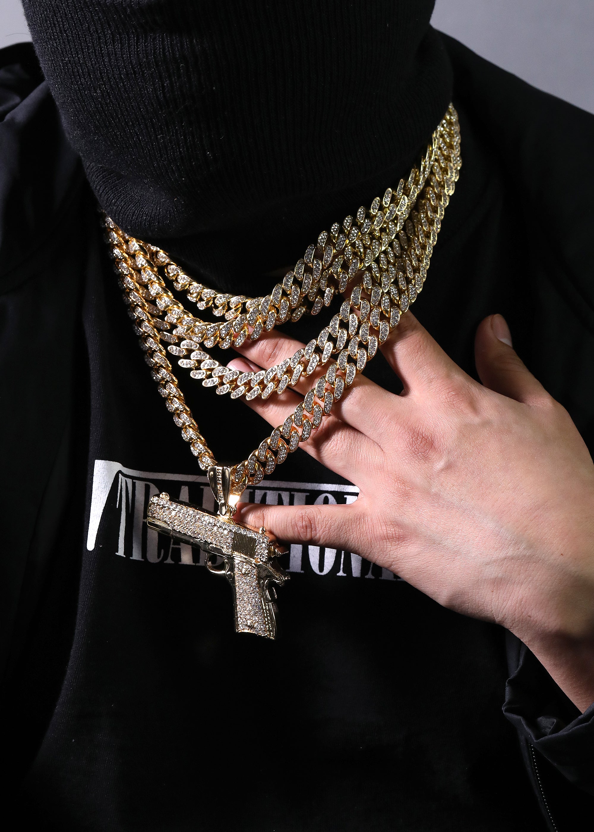 Hip Hop Fully Iced Large Gold Plated Hand Gun Pendant & Cuban Chain Necklace 18" -24"