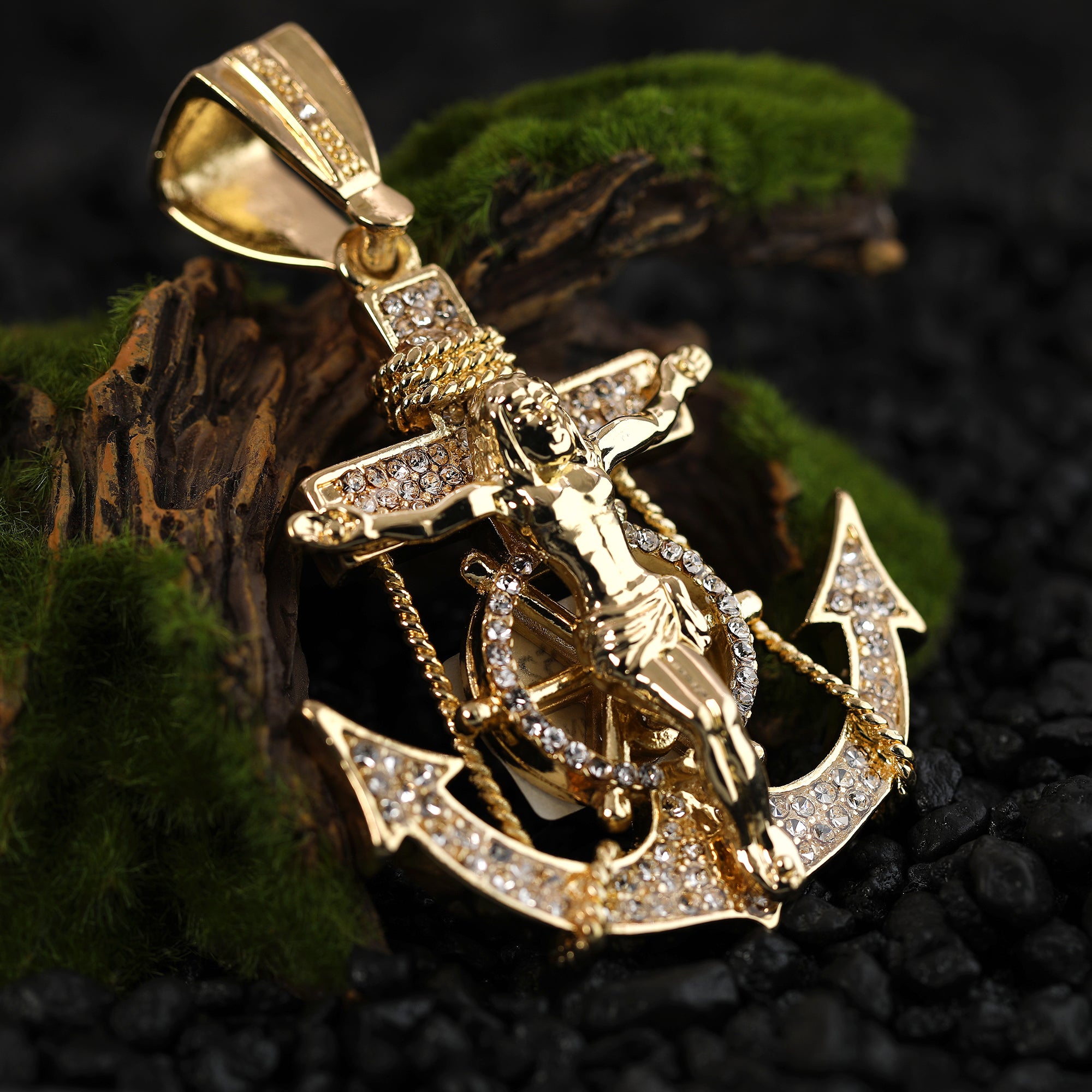 Hip Hop Fully Iced Large Gold Plated Jesus CZ Anchor Pendant & Cuban Chain Necklace – Full Prong CZ