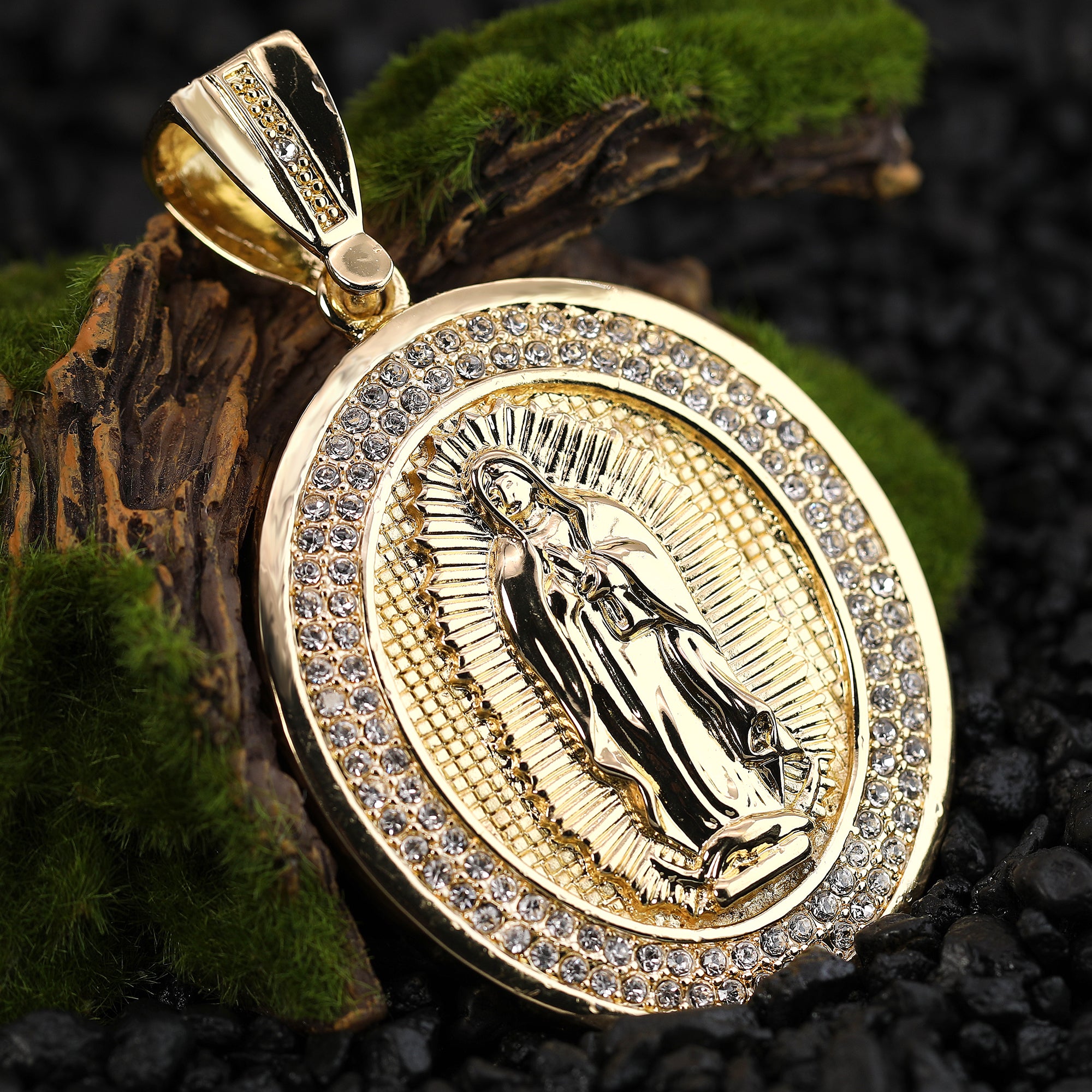 Hip Hop Fully Iced Large Gold Plated Oval CZ Guadalupe Pendant & Cuban Chain Necklace – Full Prong CZ