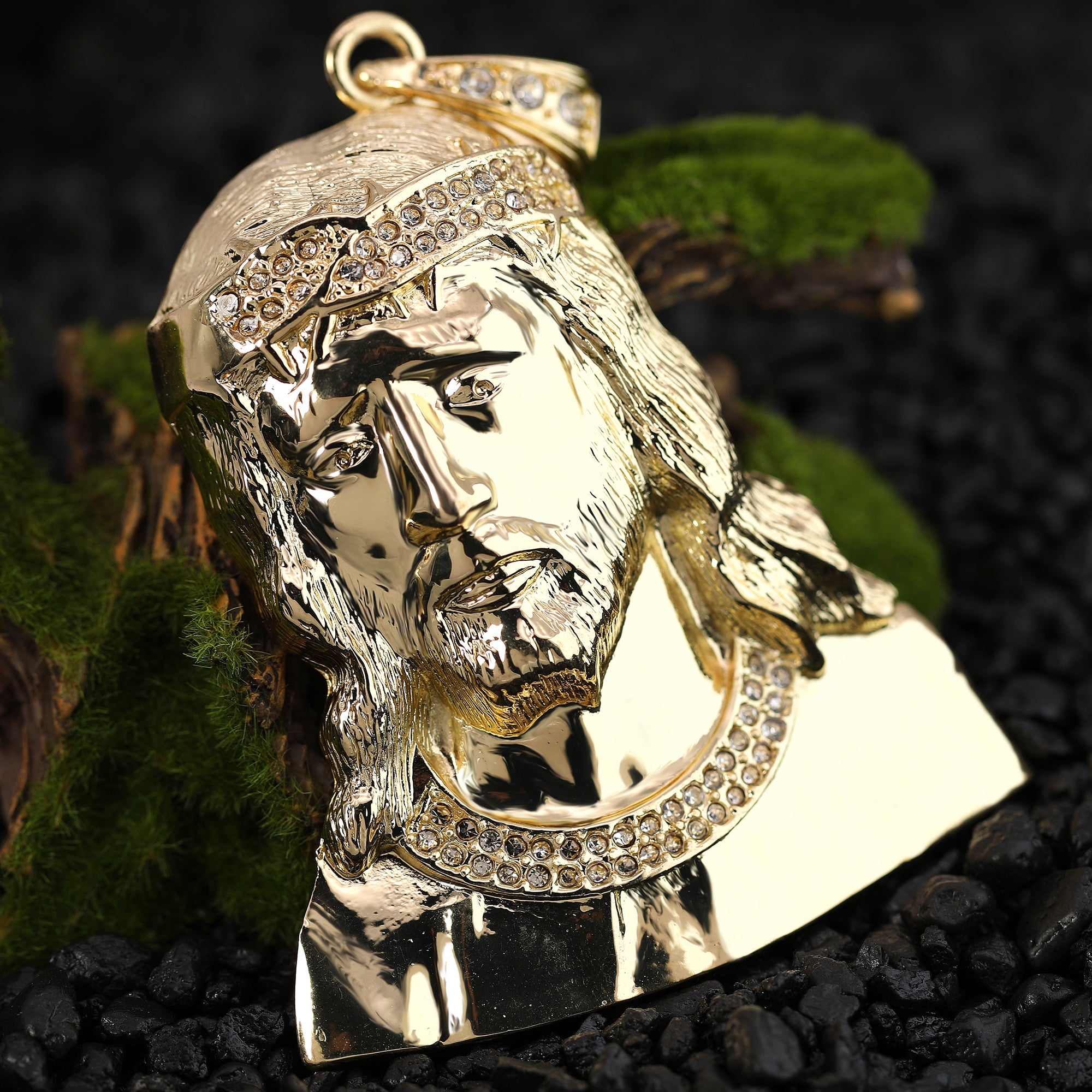 Hip Hop Fully Iced Large Gold Plated Sad Jesus Face Pendant & Cuban Chain Necklace – Full Prong CZ
