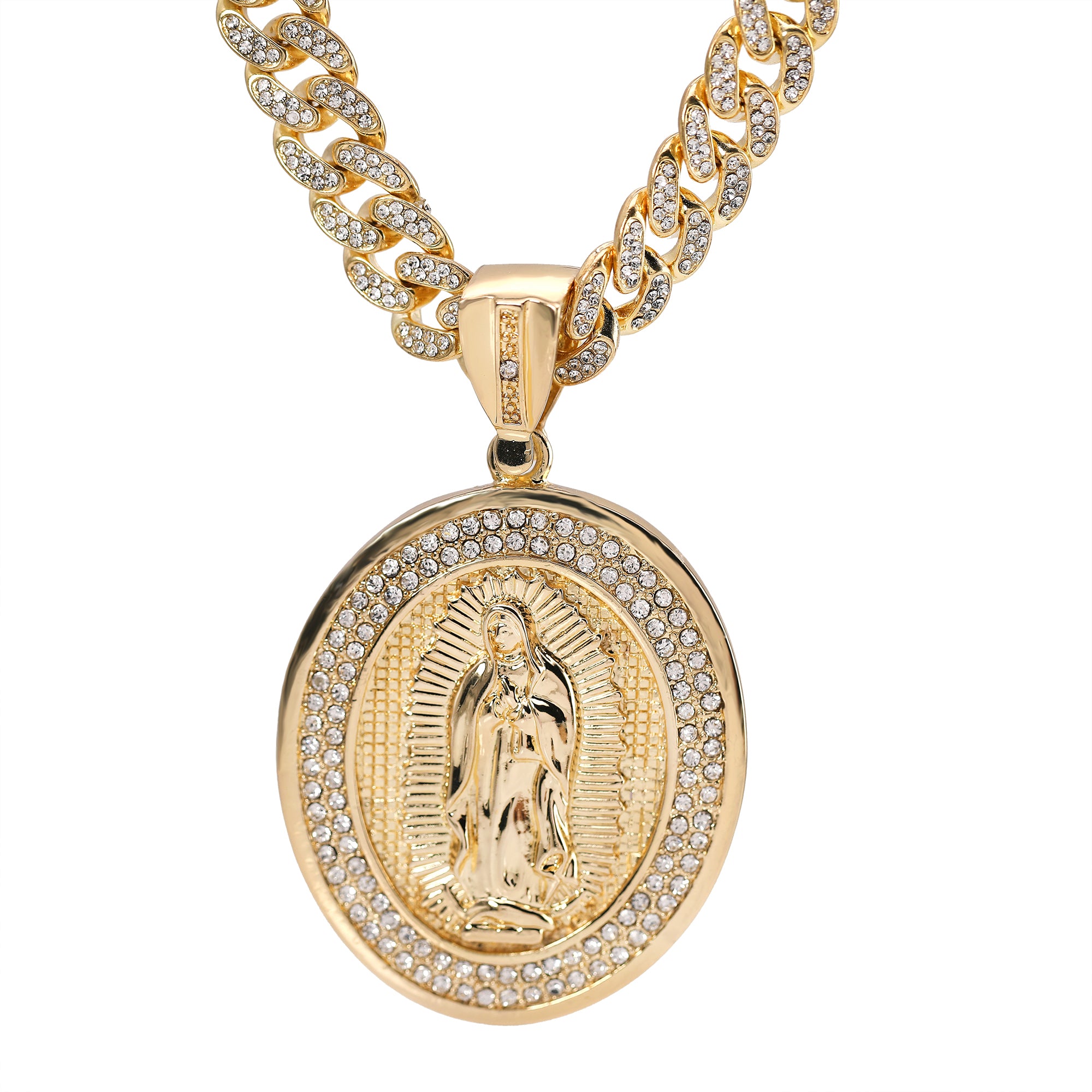 Hip Hop Fully Iced Large Gold Plated Oval CZ Guadalupe Pendant & Cuban Chain Necklace – Full Prong CZ