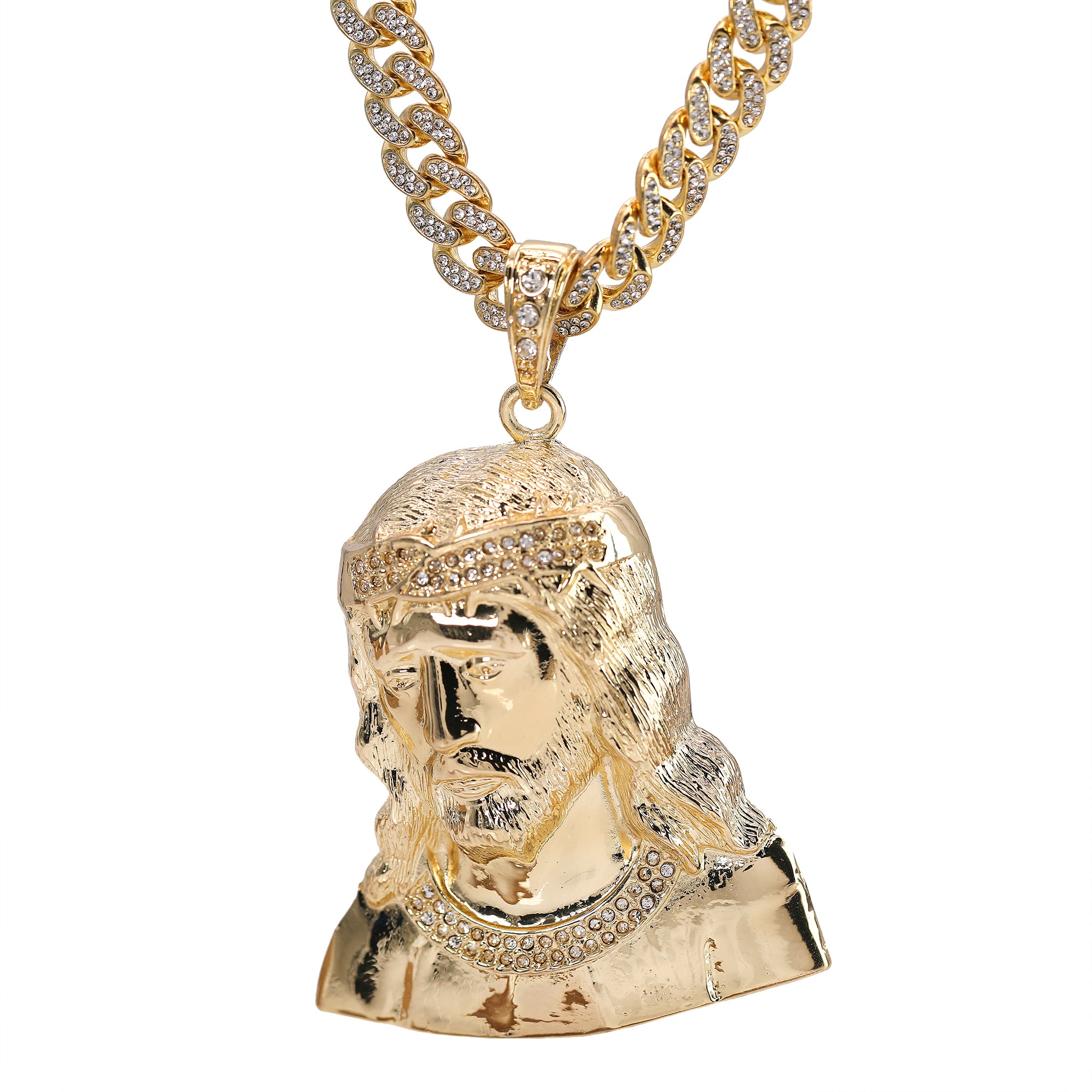 Hip Hop Fully Iced Large Gold Plated Sad Jesus Face Pendant & Cuban Chain Necklace – Full Prong CZ