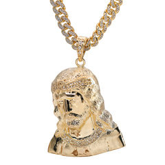 Hip Hop Fully Iced Large Gold Plated Sad Jesus Face Pendant & Cuban Chain Necklace – Full Prong CZ