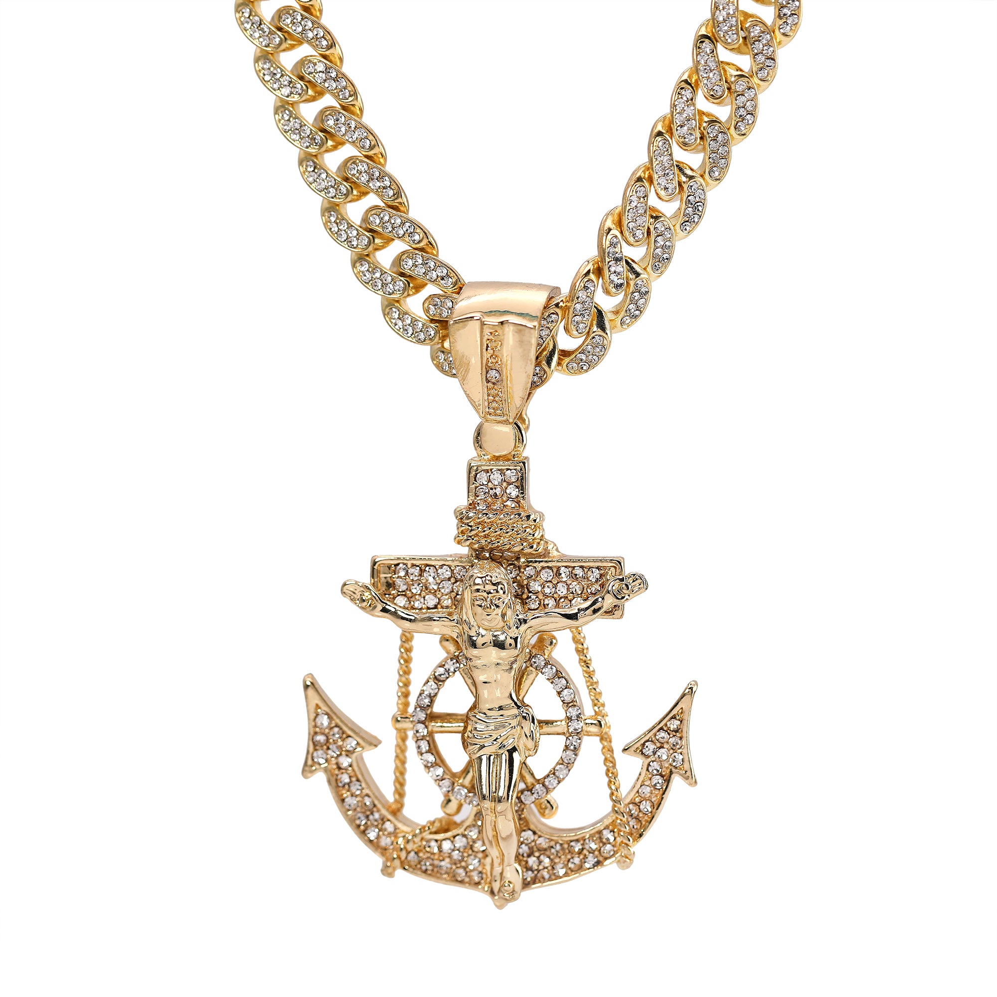 Hip Hop Fully Iced Large Gold Plated Jesus CZ Anchor Pendant & Cuban Chain Necklace – Full Prong CZ