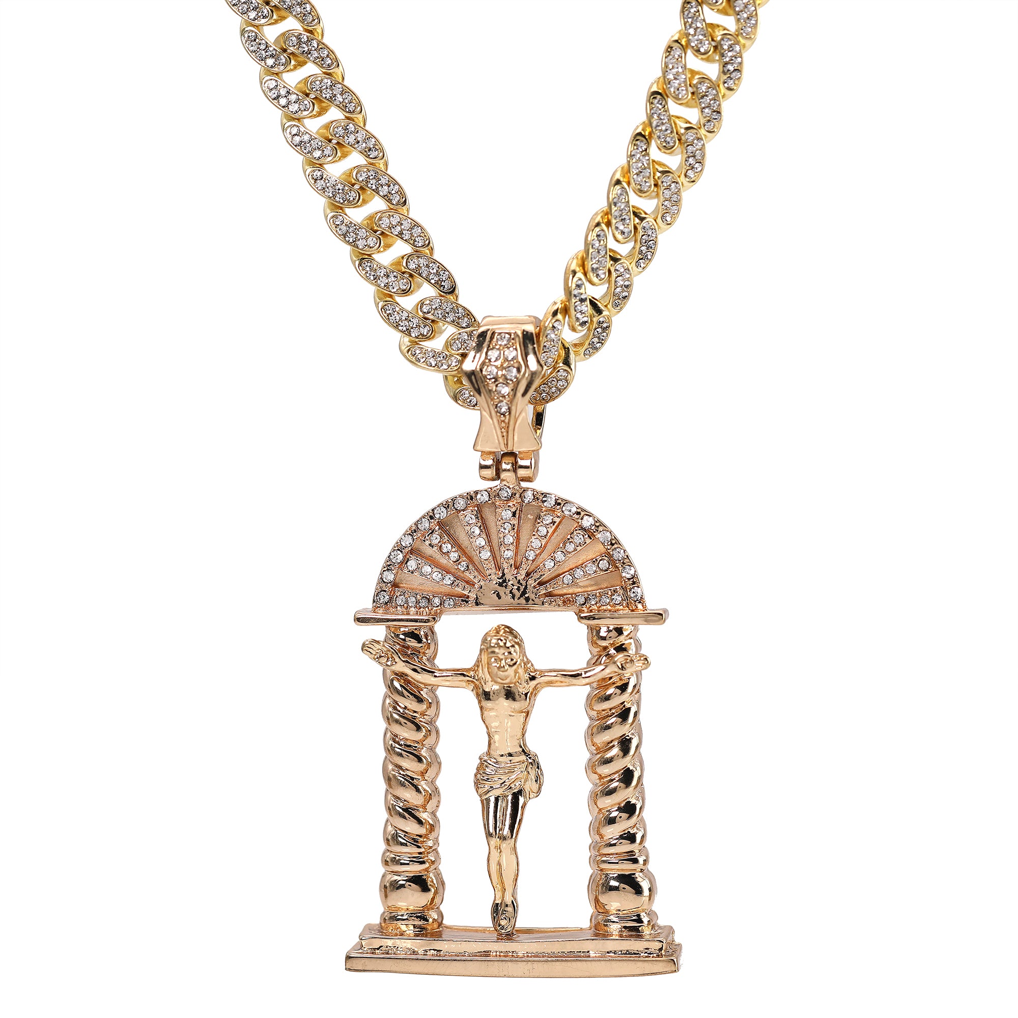 Hip Hop Fully Iced Large Gold Plated Crucifix Temple Pendant & Cuban Chain Necklace