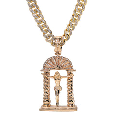 Hip Hop Fully Iced Large Gold Plated Crucifix Temple Pendant & Cuban Chain Necklace
