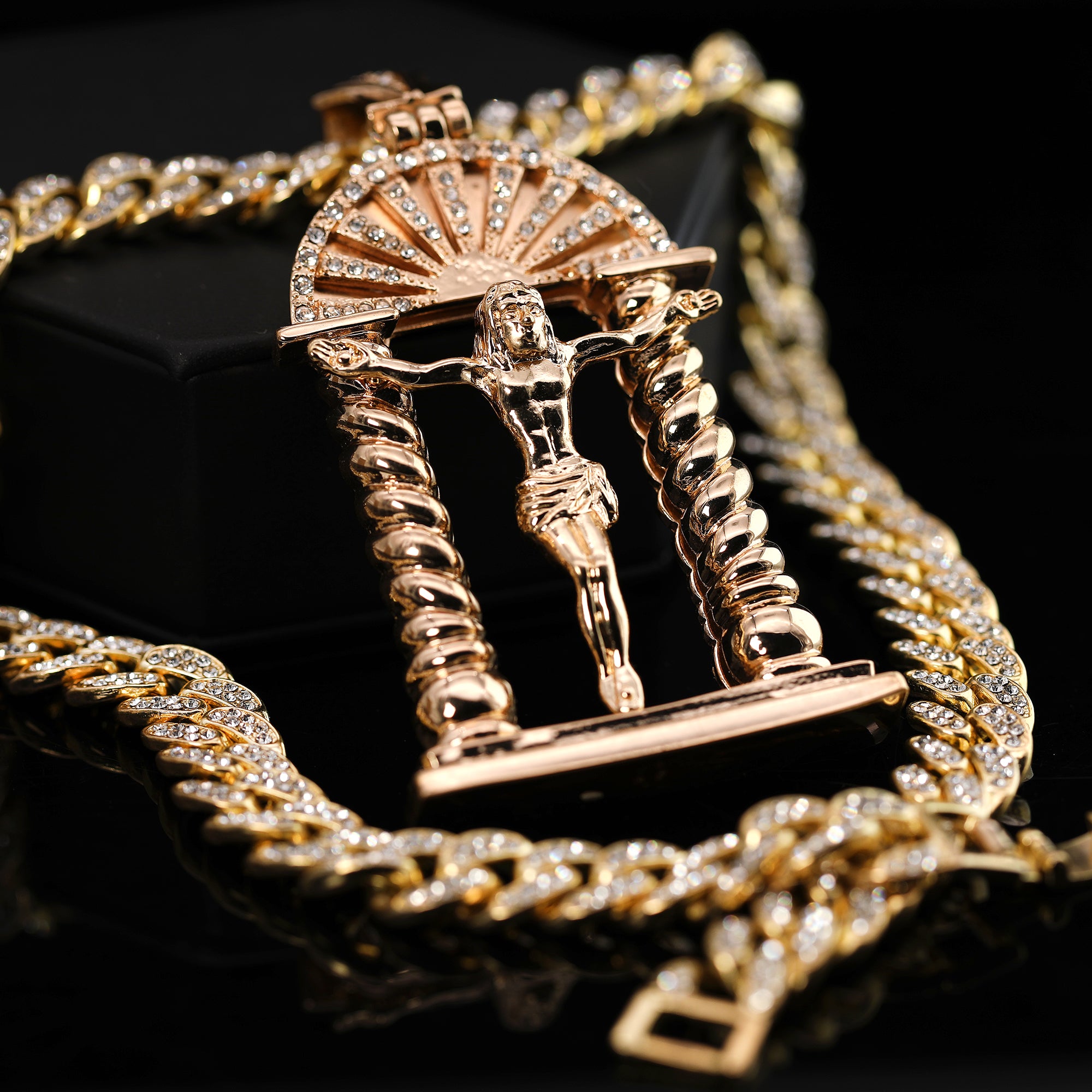 Hip Hop Fully Iced Large Gold Plated Crucifix Temple Pendant & Cuban Chain Necklace